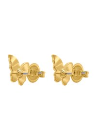 Goldene Schmetterlingsohren mit glänzender Oberfläche, abgerundeten Kanten und einem kleinen Edelsteinakzent in der Mitte. Die Schmetterlingsform ist markant.