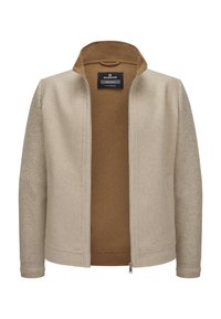 Beige Wollmischung-Jacke mit Reißverschluss vorne, strukturiertem Kragen und strukturierten Ärmeln. Das Innenfutter ist in einem warmen Braun gehalten und verfügt über Seitentaschen.