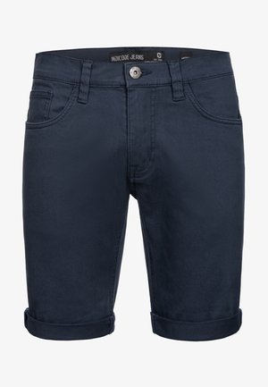 Shorts in denim blu navy con una texture liscia, dotati di risvolti, design a cinque tasche e chiusura con bottone argentato in vita.