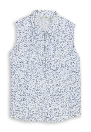 Mouwloze witte blouse met blauw bloemenrankpatroon en kleine voorstrik bij de kraag, maat 38.