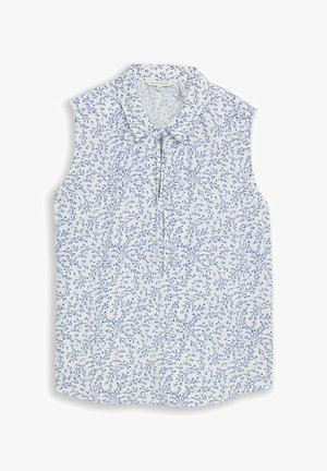 Ärmellose weiße Bluse mit blauem floralen Rankenmuster und kleinem vorderen Knoten am Kragen, Größe 38.