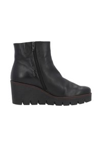 Bottines en cuir noir avec fermeture éclair sur le côté, semelle en coin et plateforme texturée. Présente une finition lisse et une silhouette élégante.