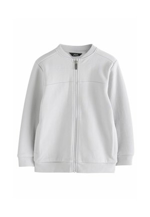 Veste zippée gris clair avec col, poignets et bas côtelés, avec un devant lisse et des poches latérales.