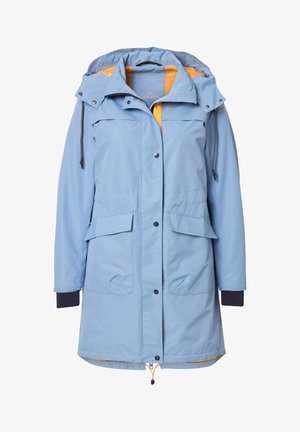 Lichtblauwe waterdichte jas met een rits- en drukknoopsluiting, verstelbare capuchon, twee voorzakken en contrasterende oranje voering.