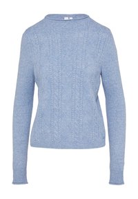 Maglione lavorato a maglia azzurro chiaro, con un motivo a diamante strutturato, scollo rotondo e maniche lunghe con polsini e orlo a costine.