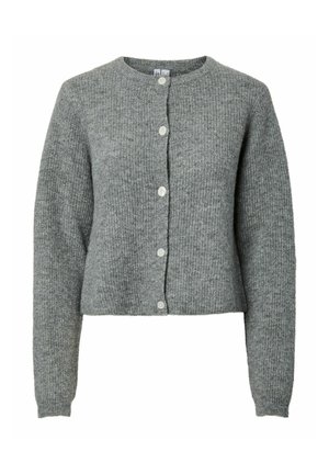 Grå stickad cardigan med långa ärmar, rund halsringning och en framknäppning med fem vita knappar. Mjuk textur och kort design.