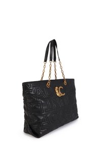Borsa tote in pelle nera con motivo a logo in rilievo, dettagli in catena dorata e un distintivo elemento hardware a forma di animale in oro.