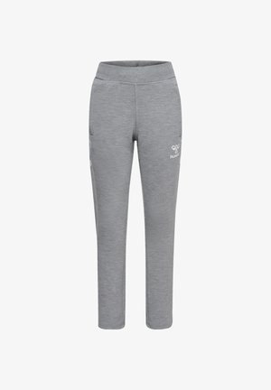 Szare spodnie sportowe z elastycznym paskiem w talii, prostymi nogawkami i małym białym logo na górnej, lewej części uda.