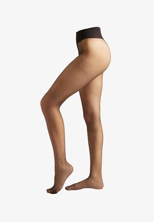 Black sheer tights with a wide waistband, featuring a smooth texture and a tapered design, covering the leg up to mid-thigh.