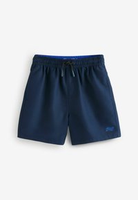Shorts de bain bleu marine en matériau léger. Dotés d'une taille élastique, d'un cordon de serrage réglable et de poches latérales.