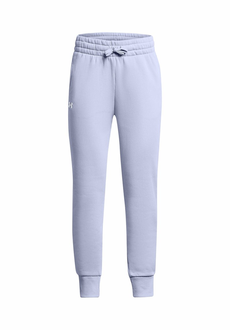 Helle lila Sweatpants mit elastischem Bund und verstellbarem Kordelzug, mit gerippten Bündchen und einem kleinen Logo am linken Bein.