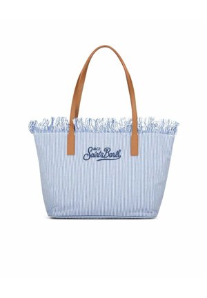 Borsa tote a righe blu e bianche con bordo superiore sfrangiato, manici in pelle marrone e logo "MC2 Saint Barth" ricamato sul davanti.