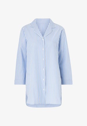 Light blue and white striped, button-up pajama shirt. Features a notched collar, three-quarter sleeves, and a relaxed fit design.