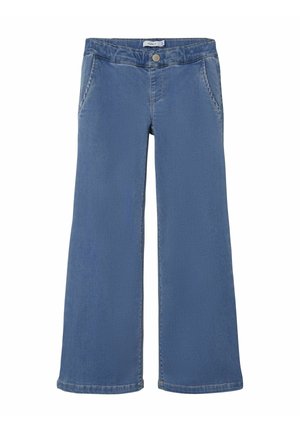 Blaue Jeans mit weitem Bein, Knopf- und elastischem Bund, Seitentaschen und vorderen Nahtdetails.