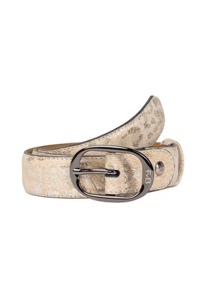 Cinturón de cuero texturizado en beige con un sutil patrón de leopardo y una hebilla ovalada de metal oscuro brillante que presenta el logo F4B en un lateral.