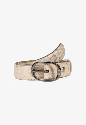 Ceinture en cuir texturé beige avec un motif de léopard subtil et une boucle ovale en métal foncé brillant, présentant le logo F4B sur le côté.