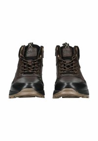 Botas altas marrones hechas de cuero y malla. Incluye características como tejido texturizado, acentos negros, ojales metálicos y una suela de goma beige.