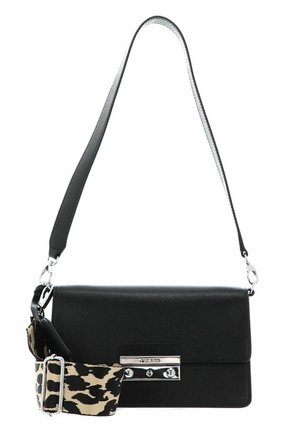 Black leather handbag with a rectangular shape, featuring a silver hardware clasp and a patterned animal-print shoulder strap.