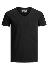 Schwarz Baumwoll-T-Shirt mit V-Ausschnitt, kurzen Ärmeln und einer glatten Textur. Verfügt über ein bedrucktes Logo im Kragen.