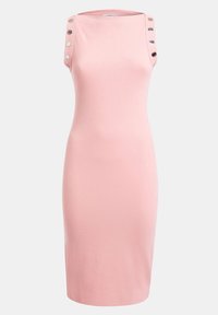 Robe ajustée rose en tissu rayé. Dotée d'un col rond et de boutons aux épaules avec des accents métalliques. Texture lisse et design à longueur de genou.