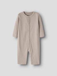 Ljusbeige babybody i mjuk bomull med långärmade ärmar, rund hals och knäppning framtill för enkel påklädning.