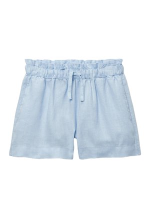 Shorts en lin bleu clair avec taille élastique froncée et cordon noué, avec poches latérales et coupe ample.