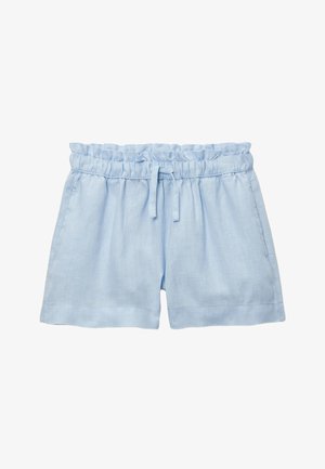 Shorts en lin bleu clair avec taille élastique froncée et cordon noué, avec poches latérales et coupe ample.