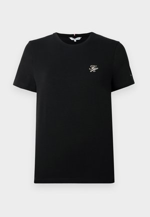 Černé bavlněné tričko s krátkými rukávy, kulatým výstřihem a malým zlatým vyšitým logem na hrudi. Jednoduchý design, bez vzorů.
