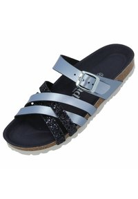 Sandal blu e nero con fasce glitterate, fibbia regolabile, plantare sagomato, suola in sughero e suola esterna in gomma bianca.