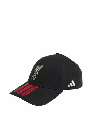 Schwarze Baseballkappe mit roten Streifen am Schirm, weißem Liverpool FC-Logo vorne und weißem Adidas-Logo an der Seite.