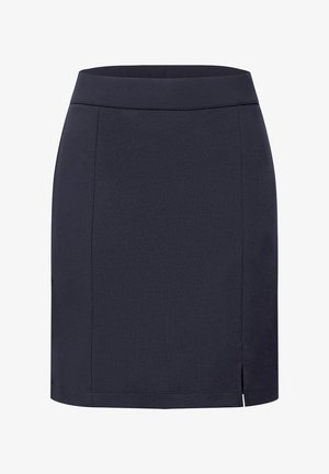Navy blauwe rok met een fitted ontwerp, gemaakt van rekbare stof. Beschikt over een gladde tailleband en een zijsplit voor gemakkelijk bewegen.