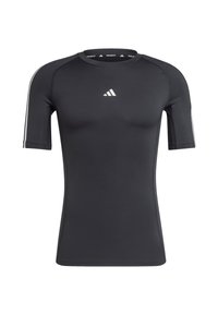 Zwart sportshirt met korte mouwen, gemaakt van rekbaar materiaal, met een ronde halslijn, het witte Adidas-logo op de borst en witte zijkanten.