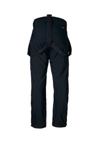 Zwarte waterdichte broek met verstelbare bandjes, voorzien van een gladde textuur en taps toelopende benen, ontworpen voor buitenactiviteiten.