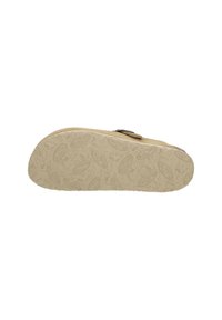 Sole di sandalo color marrone chiaro con superficie texturizzata, caratterizzata da un motivo in rilievo e una leggera curva nella zona delle dita. Dettaglio della fascia regolabile.