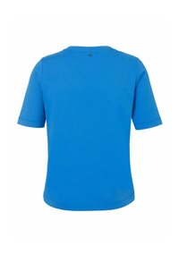 Blaues Baumwoll-T-Shirt mit kurzen Ärmeln, einem Rundhalsausschnitt und einem kleinen Logo auf der Rückseite, mit glatter Textur und lässiger Passform.