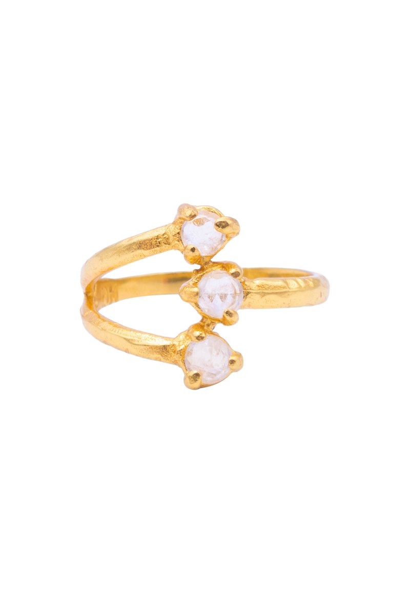 Gold-tone adjustable ring featuring three round, clear stones set in prongs. The band has a textured finish, creating a unique design.