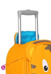 Orange children's suitcase with a tiger design, gray retractable handle, blue interior lining, and a front zipper pocket.