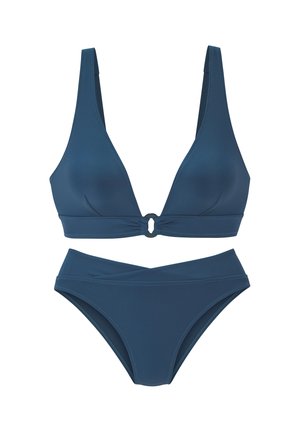 Dark blue two-piece bikini with a deep V-neck top featuring a small ring detail at the center and high-waisted bottom with a folded waistband.