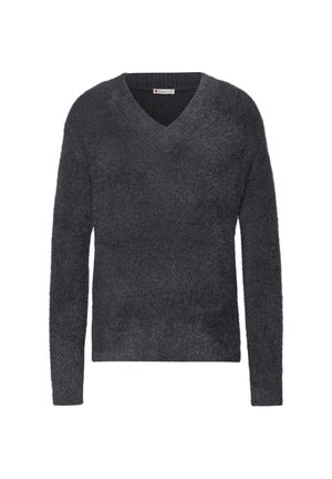 Mørkegrå, langærmet trøje med V-halsdesign. Fremstillet af fluffy materiale, der har en blød tekstur og en afslappet pasform.