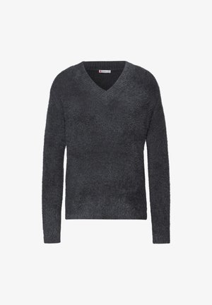 Suéter gris oscuro de manga larga con diseño de cuello en V. Hecho de material borroso, que presenta una textura suave y un corte relajado.