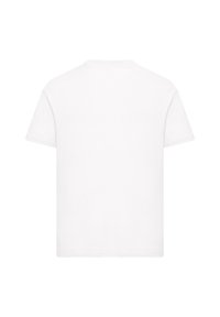 Weißes Baumwoll-T-Shirt, Rundhalsausschnitt, kurze Ärmel, schlichtes Design, glatte Textur, Rückansicht, keine Grafiken oder Verzierungen sichtbar.