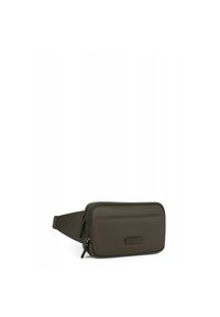 Borsa a cintura rettangolare verde oliva realizzata in materiale sintetico testurizzato, con tasca frontale con zip e tracolla regolabile.