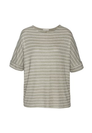 Light olive green short-sleeve T-shirt with horizontal white stripes, round neckline, and a relaxed fit. Soft fabric with rolled cuff details.