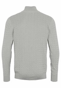 Hellgrauer gestrickter Pullover mit strukturiertem Rippmuster, hohem Kragen und langen Ärmeln. Verfügt über ein Zopfmuster. Keine sichtbaren Verschlüsse.