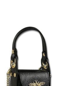 Black leather handbag with a structured design, gold hardware, and a bee emblem on the front. Features a short handle and chain strap.