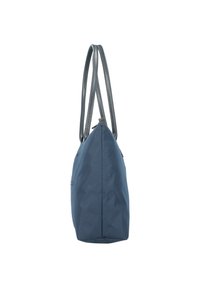 Sac fourre-tout en tissu marine avec deux longues poignées grises, côtés effilés et fermeture éclair, bénéficiant d'une surface texturée et d'un design minimaliste.