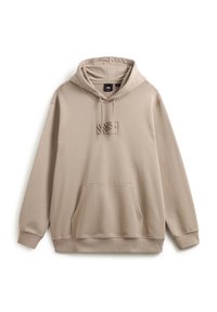 Felpa beige realizzata in tessuto morbido, con tasca frontale, cappuccio regolabile con cordini e una discreta etichetta logata sul petto.