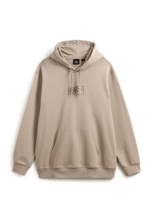 Haut à capuche beige en tissu doux, doté d'une poche frontale, d'une capuche avec cordon de serrage ajustable et d'un patch logo subtil sur la poitrine.