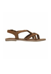 Bruine suède sandalen met kruislings gespen, platte zool en enkelsteun. Het ontwerp heeft een gladde textuur en minimale hardwareaccenten.