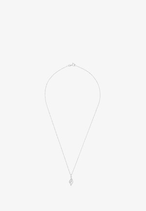 Collier délicat en chaîne d'argent avec un petit pendentif en forme de feuille ornée de pierres précieuses claires incrustées.